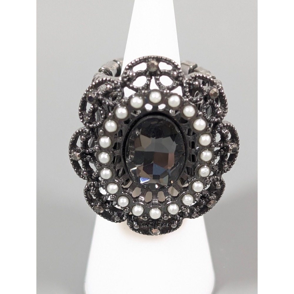 Gunmetal Gray Crystal Faux Pearl Cocktail Ring Size 6 Gothic Whimsigoth